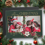 Colorida Poinsettias de Natal de 2 Fotos Feliz<br><div class="desc">Design de Natal festivo e colorido,  com duas fotografias com dourado personalizado,  um gráfico de texto de Natal feliz com um spray de poinsetos tradicionais de Natal e holly sobre fundo verde.</div>