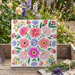 : Colorido Azulejo Cerâmico Decorativo Floral Arte