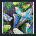 Colorido Bugerigar Parrots em Ferns Bandana<br><div class="desc">design de arte original de papagaio colorido ou papagaio bugerigar em samambaias pela artista Carolyn McFann do Two Purring Cats Studio impresso em uma bandana de qualidade para amantes de papagaios.</div>
