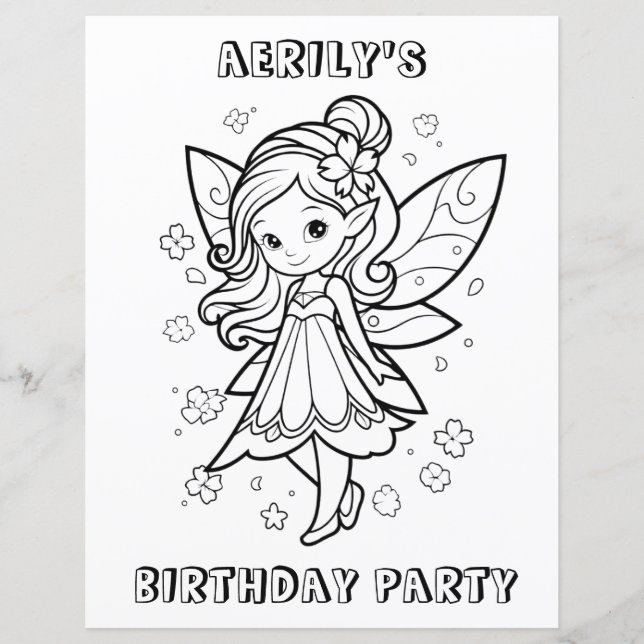 Coloring book fairy birthday party activity page  (Frente)