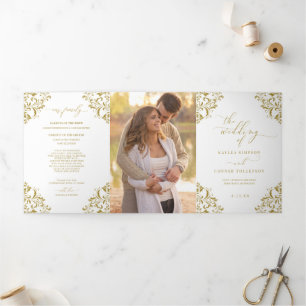 Com Borda Tripla Folheto do Programa de Casamento Dourado Elegante