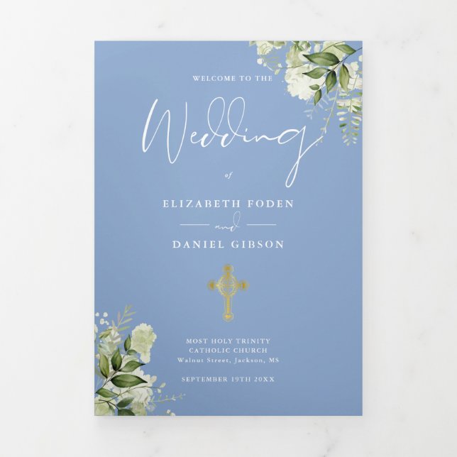 Com Borda Tripla Programa de Casamento Católico Floral Verde Azul M (Cobrir)