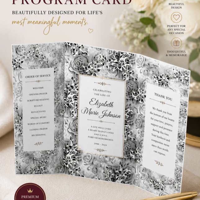 Com Borda Tripla Programa de Casamento Floral Preto Elegante (Criador carregado)