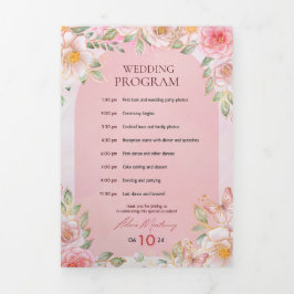 Com Borda Tripla Programa do Dia do Casamento – Desi Floral Rosa e