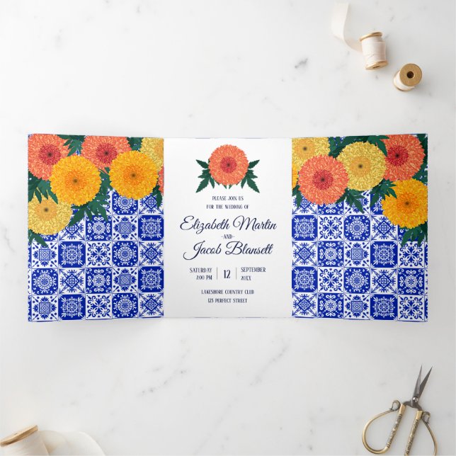 Com Dobra Tripla Azulejo mexicano Marigolds Convite Triplo para Cas (Dentro)