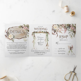 Com Dobra Tripla Boho Floral Woodland Casamento Triplo Convite