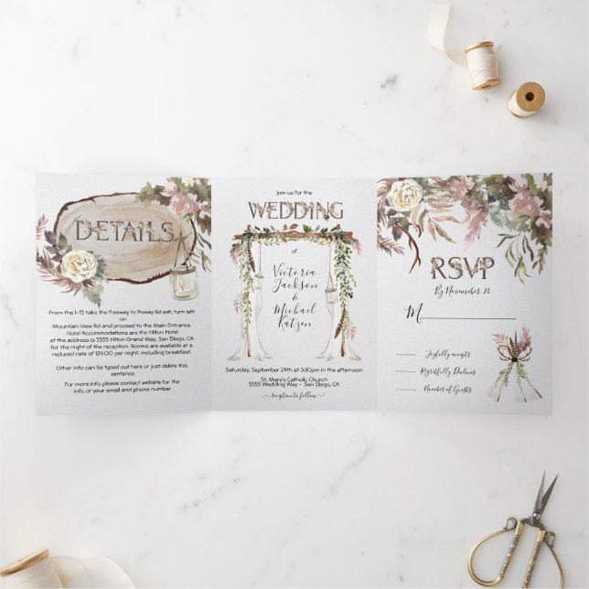 Com Dobra Tripla Boho Floral Woodland Casamento Triplo Convite (Dentro)