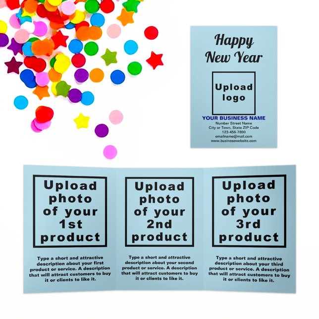 Com Dobra Tripla Cartão Azul Claro de Ano Novo para Empresas (New Year greeting, business brand and products on light blue trifold card)