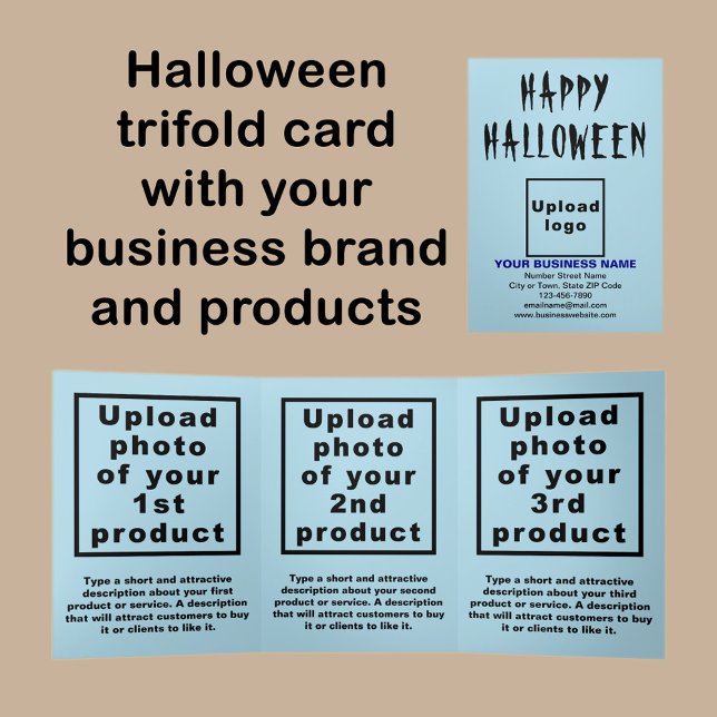 Com Dobra Tripla Cartão Azul Claro para o Dia das Bruxas (Halloween light blue trifold card with your business brand and products or services.)