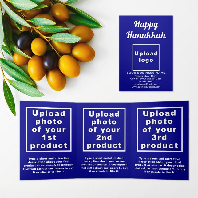Com Dobra Tripla Cartão Azul de Hanukkah para Empresas (Hanukkah greeting, business brand and products on blue trifold card)