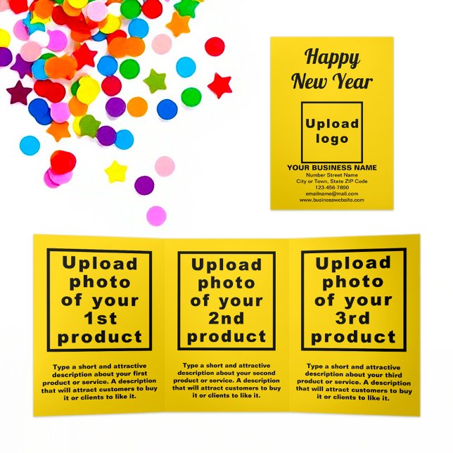 Com Dobra Tripla Cartão para três vezes amarelo de ano novo comerci (New Year greeting, business brand and products on yellow trifold card)