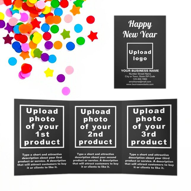 Com Dobra Tripla Cartão Preto de Triplo Ano Novo da Empresa (New Year greeting, business brand and products on black trifold card)