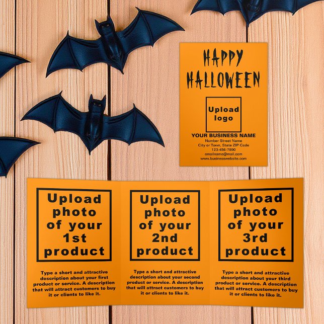 Com Dobra Tripla Cartão Triplo Cor Laranja do Halloween Comercial (Business brand and products on orange color Halloween trifold card)