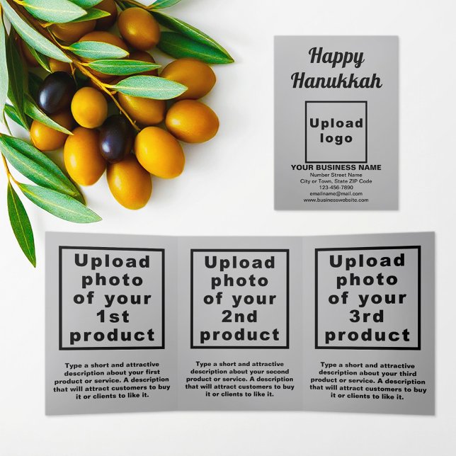 Com Dobra Tripla Cartão triplo de Cinza do Hanukkah (Hanukkah greeting, business brand and products on gray trifold card)