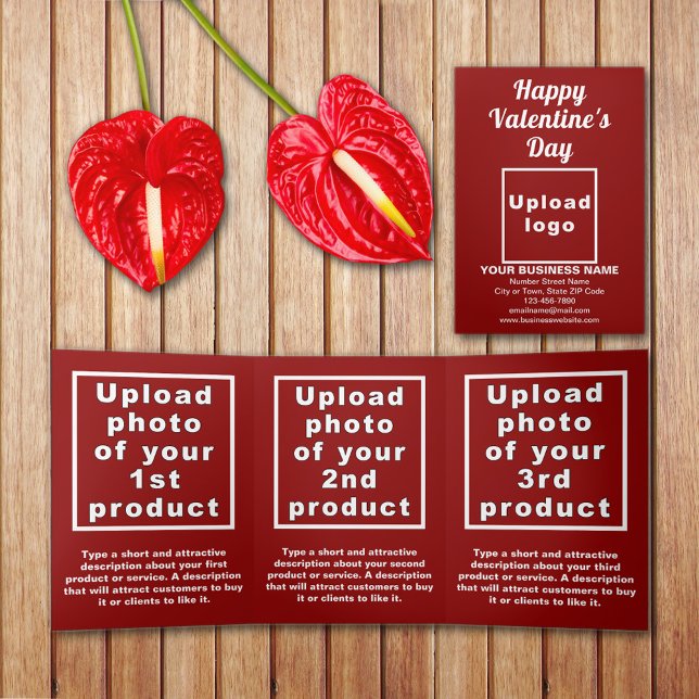 Com Dobra Tripla Cartão vermelho de Namorados para empresas (Red Valentine trifold card with your business brand and products or services on table.)