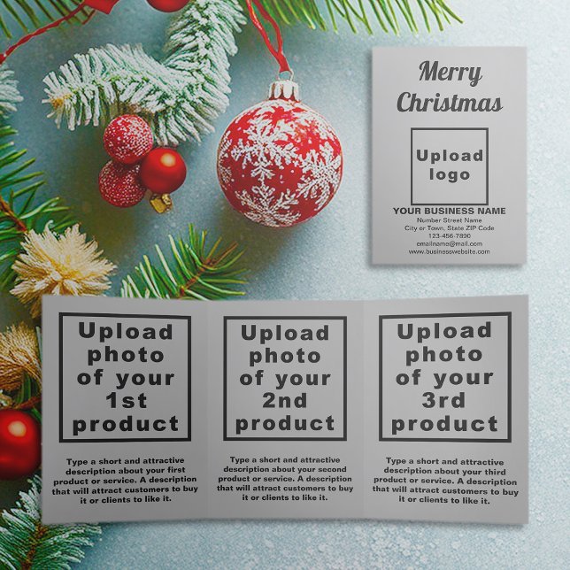 Com Dobra Tripla Cinza | Natal | Cartão triplo comercial (Gray trifold card for Christmas with your business brand and products or services)