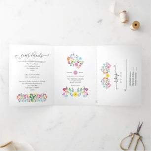 Com Dobra Tripla Colorido Convite de Casamento Tri-Fold Fiesta Flor