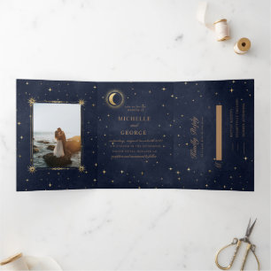 Com Dobra Tripla Convite Celestial Dourado De Casamento Triplo