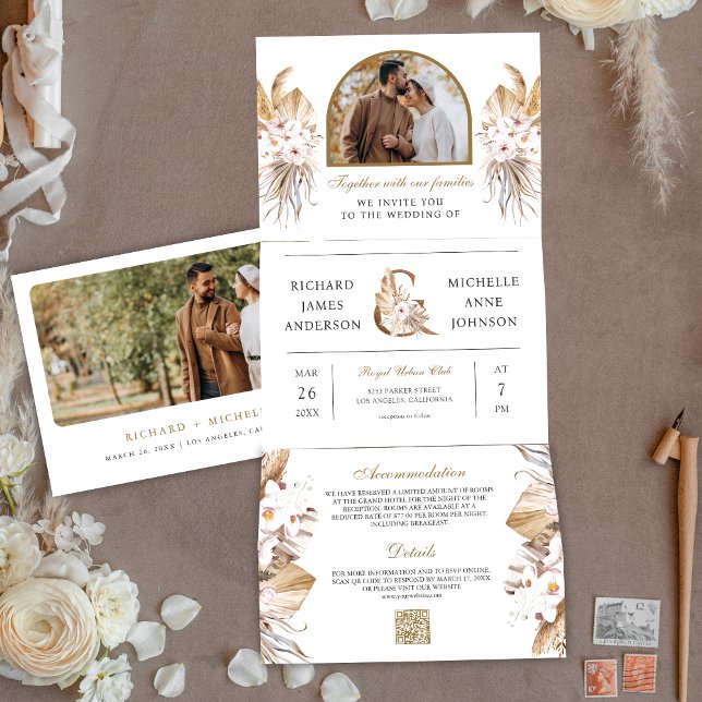 Com Dobra Tripla Convite de Casamento Boho Pampas Arch Foto Código  (Criador carregado)
