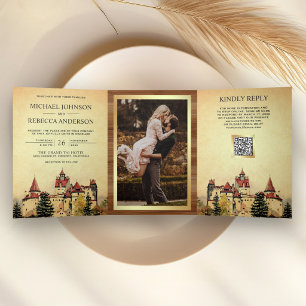 Com Dobra Tripla Convite de Casamento Código QR Conto de Fadas Cast