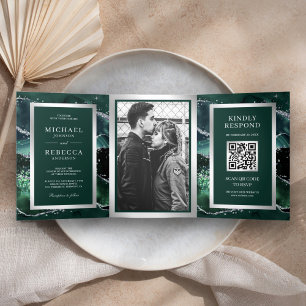 Com Dobra Tripla Convite de Casamento Código QR em Mármore Verde Es