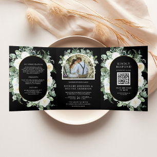 Com Dobra Tripla Convite de Casamento Código QR Preto Floral Marfim