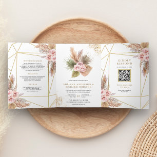 Com Dobra Tripla Convite de Casamento Código QR Rosas Pampas Poeira