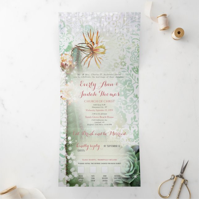 Com Dobra Tripla Convite de Casamento de Cacto Suculento Tudo em Um (Dentro)