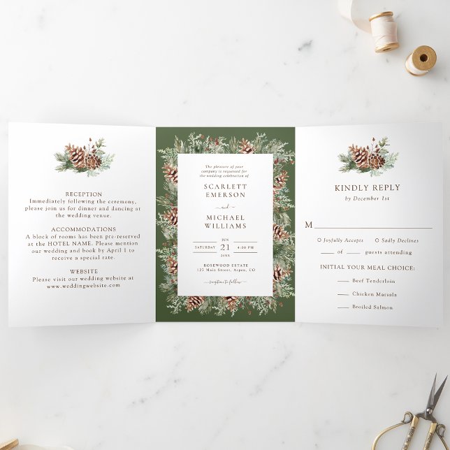 Com Dobra Tripla Convite de Casamento Elegante de Pinheiro Triparti (Elegant Evergreen Pine Trifold Wedding Invitation Photo on back by Painted Paperie
)