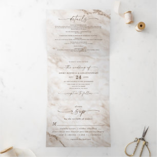 Com Dobra Tripla Convite de Casamento Elegante Mármore Bege Off Whi