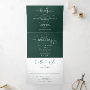 Com Dobra Tripla Convite de Casamento Emerald Green Heart Script
