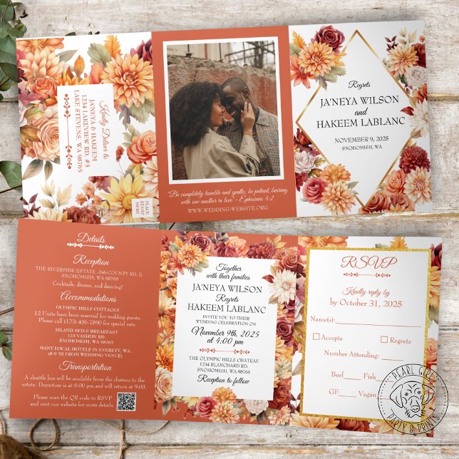 Com Dobra Tripla Convite de Casamento Floral de Outono Tri-Fold (Criador carregado)