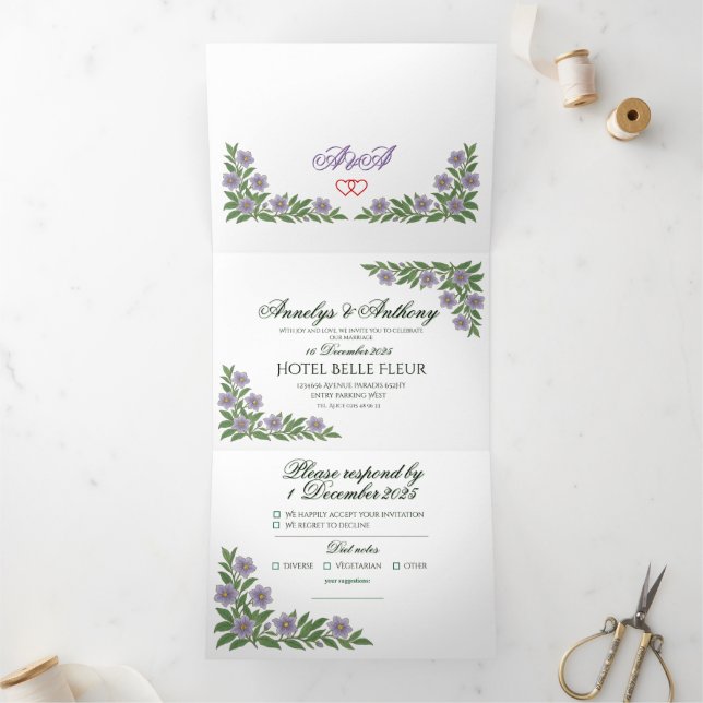 Com Dobra Tripla Convite de casamento floral lindo (Dentro)