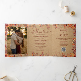 Com Dobra Tripla Convite de Casamento Foto QR Code 2 Outono Rústico