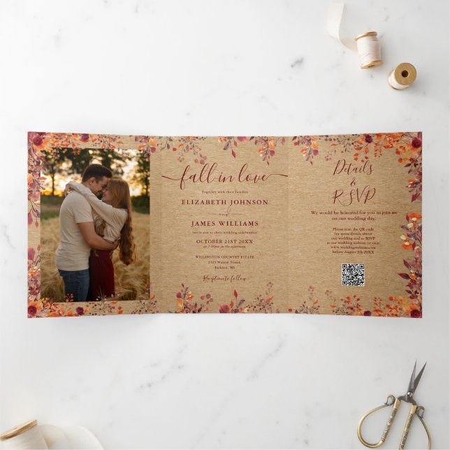 Com Dobra Tripla Convite de Casamento Foto QR Code 2 Outono Rústico (Dentro)