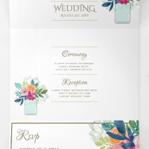 Com Dobra Tripla convite de casamento Fuschia Floral 3in1 e RSVP