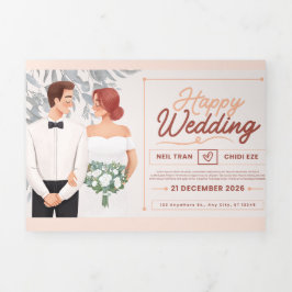 Com Dobra Tripla Convite de Casamento – Ilustração do Casal e Flore