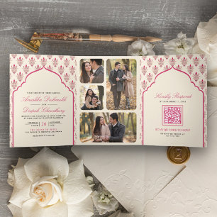 Com Dobra Tripla Convite de Casamento Indiano Cream Rani Pink Ikat 