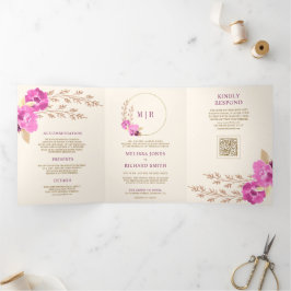 Com Dobra Tripla Convite de Casamento Marfim Floral Orquídea Rosa M