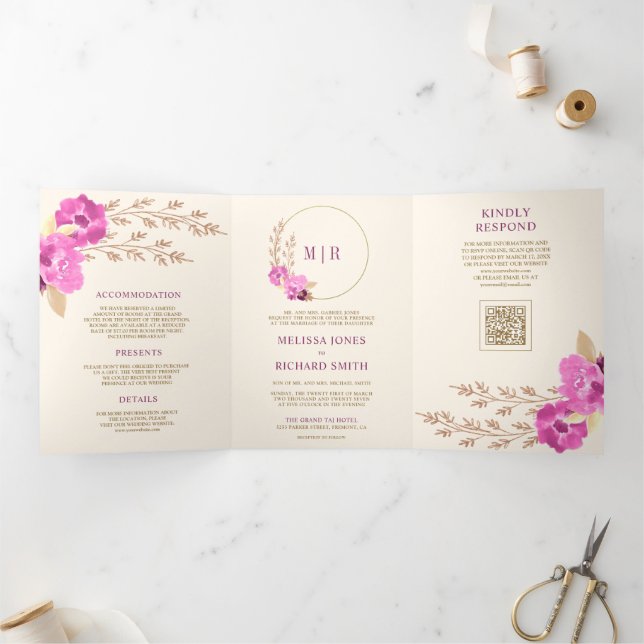 Com Dobra Tripla Convite de Casamento Marfim Floral Orquídea Rosa M (Dentro)