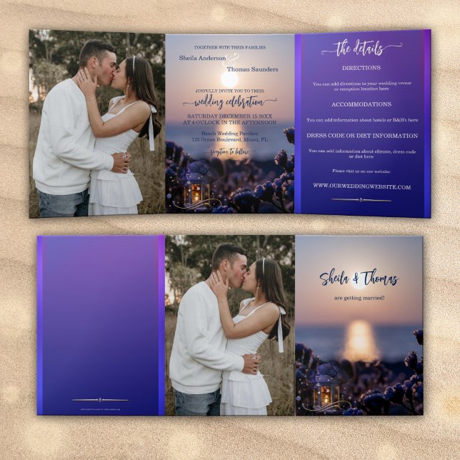 Com Dobra Tripla Convite de casamento na praia triptico (Tri-fold beach or destination wedding invitation with custom photos and a bohemian coastal scene)