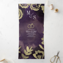 Convite de Casamento Rosas Douradas Preto Violeta