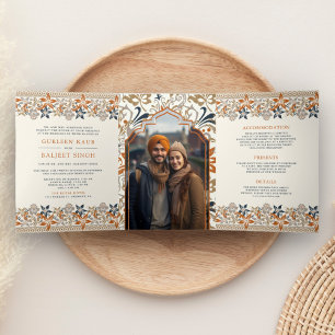 Com Dobra Tripla Convite de Casamento Sikh Anand Karaj Floral Laran