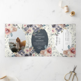 Com Dobra Tripla convite de casamento tri dobrável floral blush índ