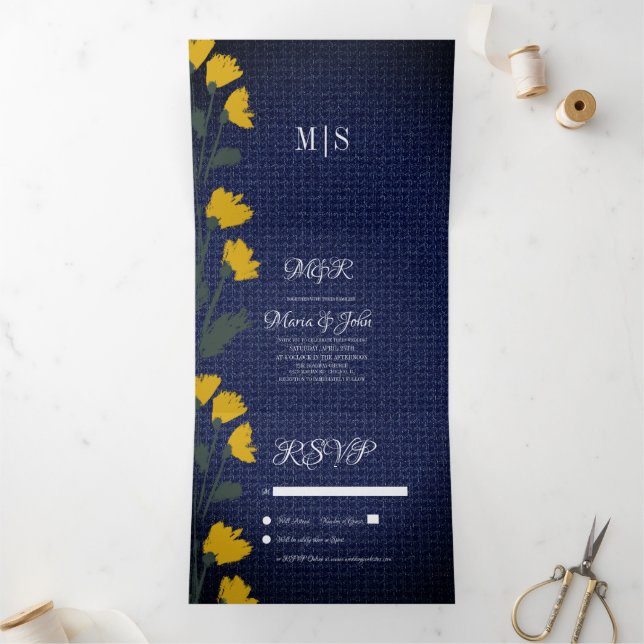 Com Dobra Tripla Convite de Casamento Tri-Fold Denim & Wild Flowers (Dentro)