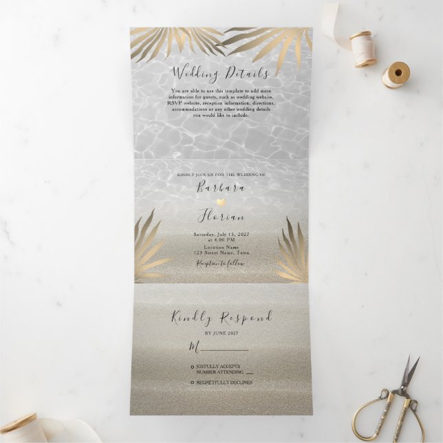 Com Dobra Tripla Convite de Casamento Tri-Fold Praia Tropical (Dentro)