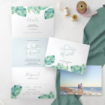 Convite de Casamento Tri-Fólio Costeiro Tropical.