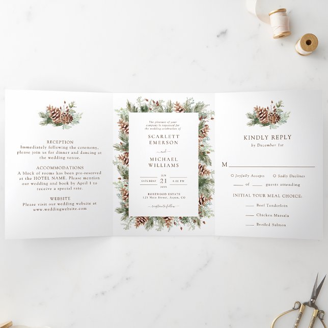Com Dobra Tripla Convite de Casamento Trifold de Inverno (White Winter Pinecone Trifold Wedding Invitation Photo Card by Painted Paperie
)