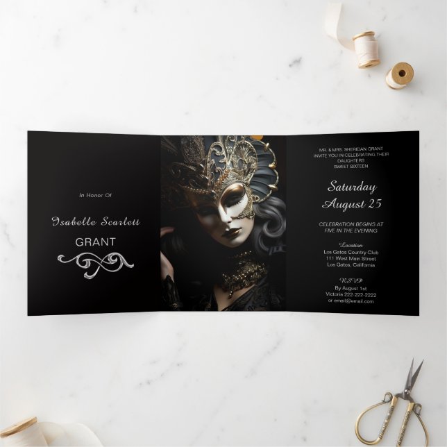 Com Dobra Tripla Convite de festas Mascarada Chic Mis Quince (Dentro)