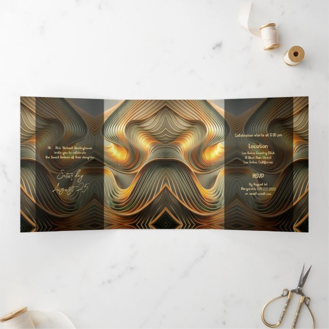 Com Dobra Tripla Convite de festas Moderno Dourado 16 Fluxo (Dentro)